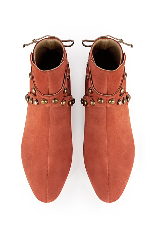Terracotta orange women's ankle boots with laces at the back. Round toe. Flat leather soles. Top view - Florence KOOIJMAN